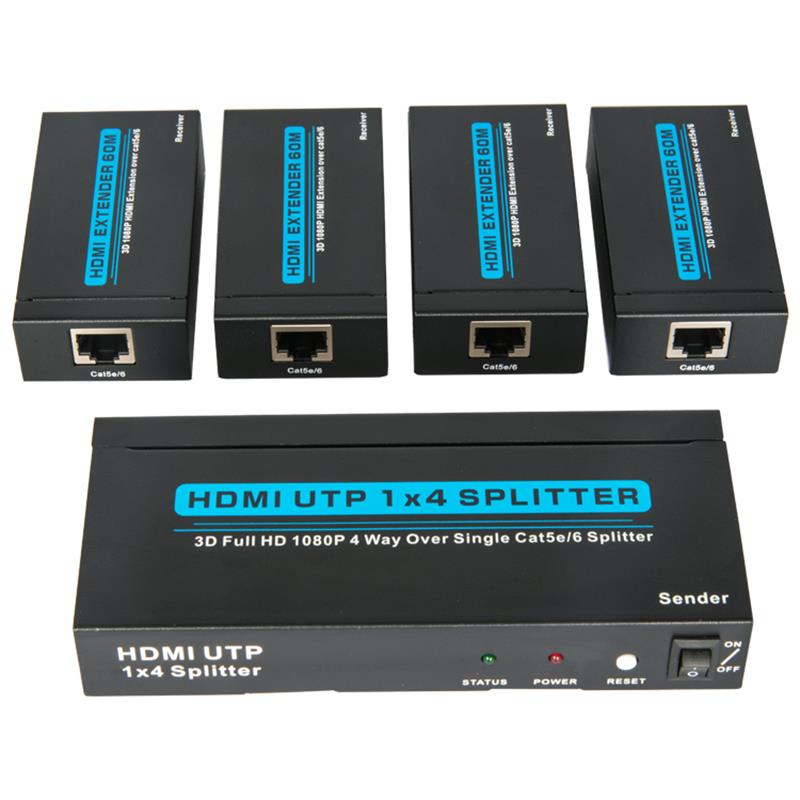 4 portin HDMI UTP 1x4 -jakaja yhden Cat5e \/ 6-liitäntälaitteen kanssa 4 vastaanottimen kanssa, joiden korkeus on 60 metriä
