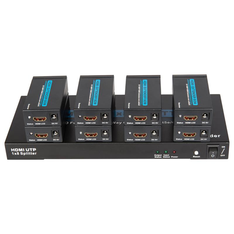 8 porttia HDMI UTP 1x8 -hajotin yhden Cat5e \/ 6-vastaanottimen kanssa 8 vastaanottimen kanssa, joiden korkeus on 60 metriä